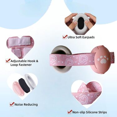 Навушники для захисту від шуму для немовлят, рожеві. Зменшують шум до 25 dB, регульоване антиковзне обруч до 36 місяців, м'які та легкі.