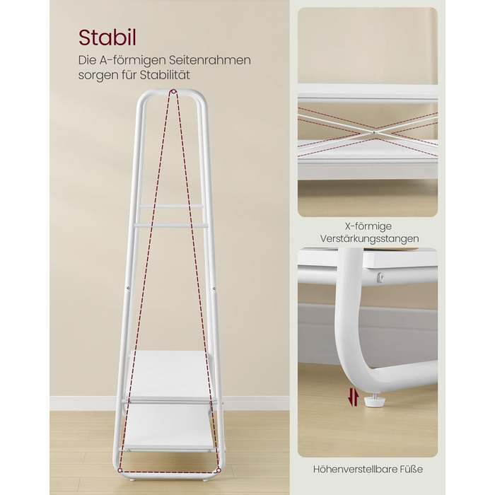 VASAGLE Clothes Rack, Coat Stand, Wardrobe, 2 Shelves, 6 S-Shaped Hooks, Steel Frame, for Bedroom, Hallway, Entrance Area, Cloud White-Matt White RGR112W02