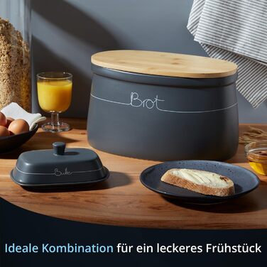 Набір контейнерів для зберігання KHG для кухні антрацитово-сірого кольору з дерев'яною кришкою, контейнери для продуктів з кераміки, з маркуванням, набір органайзерів для кухні, без пластику та світлонепроникні (хлібниця та маслобниця)