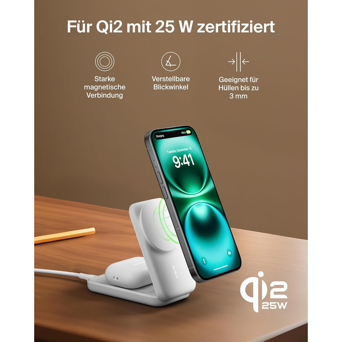 Беспроводная зарядка Belkin UltraCharge Qi 2.2 2-в-1 25W MagSafe сумісна для iPhone 17, iPhone Air, AirPods, Pixel – біла з USB-C адаптером 45W