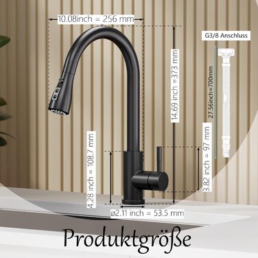 Кухонний змішувач SEMANEY з витяжною насадкою, чорний матовий, з 3 функціями, 360° обертання, з нержавіючої сталі