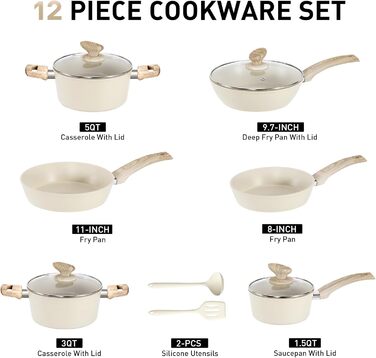 Набір посуду для індукції DishDelight, 12 предметів, гранітне антипригарне покриття, бежевий колір. Каструлі та сковороди з кришками.