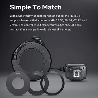 Godox ML-150II Макро-кільцевий спалах: 11 рівнів яскравості, кольорова температура 5800K, GN12, швидка перезарядка, 8 адаптерних кільця для Canon, Nikon, Sony DSLR камер