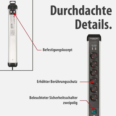 Мережевий фільтр Brennenstuhl Premium-Alu-Line на 6 розеток з USB (USB-C PD 30W та USB-A 18W), 3м, алюмінієвий корпус, з вимикачем, Made in Germany