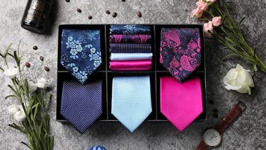 HISDERN Комплект краваток для чоловіків (5 шт.) з кишеньковим хустинкою. Класичні, елегантні краватки з шовку для весілля та особливих випадків. У подарунковій коробці.