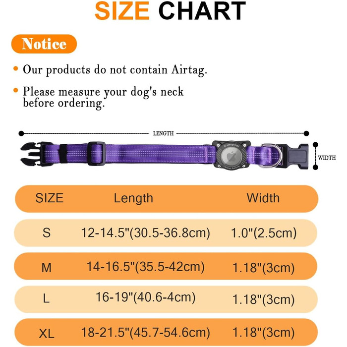 Нашийник для собак з AirTag, водонепроникний чохол, GPS трекер, сумісний з Apple AirTag, для малих, середніх та великих собак, розмір S (27-34.5 см), колір: фіолетовий