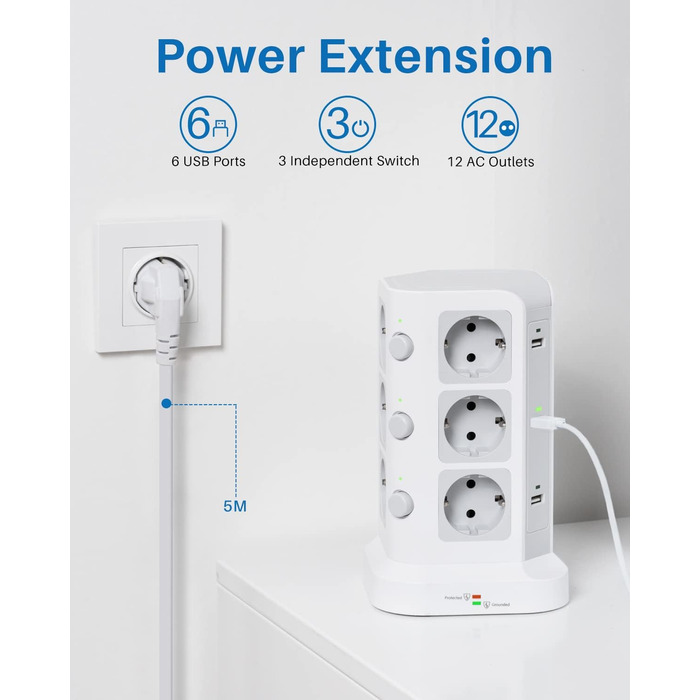 Стедова колонка KOOSLA з 12 розетками, захистом від перенапруги (4000W/16A) та 6 USB, 5м, білий - для офісу, кухні, столу