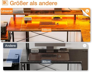 ODK L-Shaped Desk with Drawers, Reversible Corner Desk with LED & Power Strip, Large 189.3x100cm (Vintage Brown)