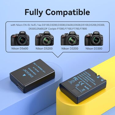 Запасний акумулятор ENEGON EN-EL14/EL14a (2 шт.) та розумне LED Dual USB зарядне пристрій для Nikon DSLR D3100, D3200, D3300, D3400, D3500, D5100, D5200, D5300, D5500, D5600, DF Coolpix P7000, P7100, P7700, P7800