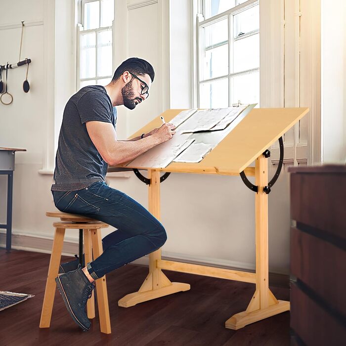 VISWIN Adjustable Drawing Table - Large Wooden Art Desk for Artists - Height & Angle Adjustable, Solid Pine Wood, Studio Easel Table for Painting & Drawing
