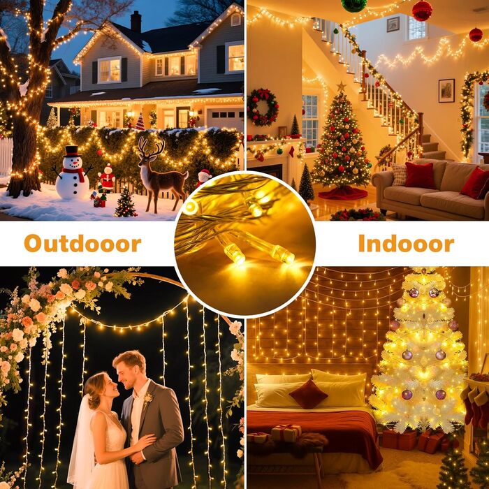 Льонокотова гірлянда світлодіодна 20 метрів, 200 LED, зовнішня, з пультом, таймер, IP65, тепле біле світло, для декору саду, ялинки, балкону, кімнати