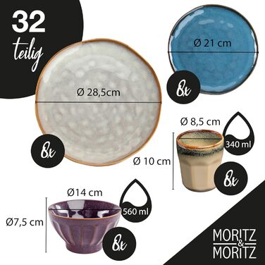 Moritz & Moritz COPA 32-Piece Dinnerware Set - 8 People - Elegant Plate Set Made of High-Quality Stoneware - Dinnerware Set for 8 People, consisting of 8 Dinner Plates, Dessert Plates, Muesli Bowls & Coffee Cups each. Dinnerware Set (8 people)