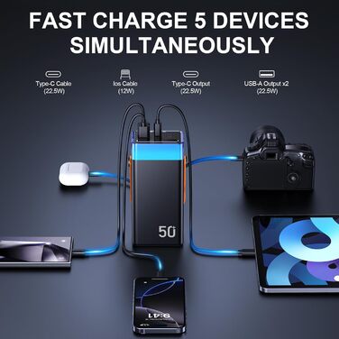 Power Bank CUZAR 50000mAh з USB-C PD, 5 виходів та 2 входи, сумісний з iPhone, iPad, Samsung (Оранжевий)