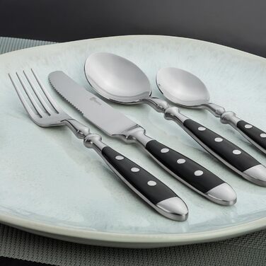 GRÄWE Stainless Steel Cutlery Set for 6 People, Heavy, Rustic, Flatware Set 24-Piece, Forged Cutlery with Black Handles - Nuremberg Series