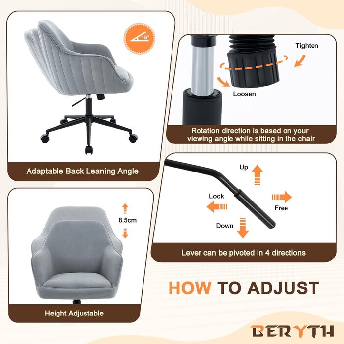 Офісний стілець для дому та офісу до 136 кг, обертовий, оксамитовий, з підлокітниками та колесами, ергономічний, зручний для жінок та дівчат, регульована висота, спальня, домашній офіс (Сірий, Оксамит)