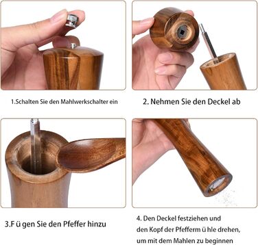 Set of 2 pepper mills made of good wood, salt and pepper mill set, 21 cm length, allows adjustment of the pepper grind, spice grinder with stainless steel core.