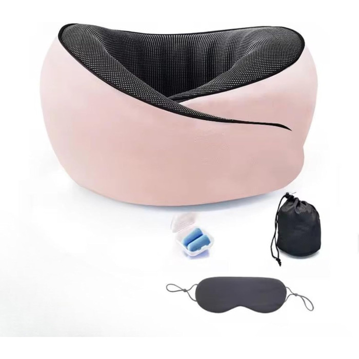 Подушка для шиї Rose - ергономічна, з піною з пам'яті, для подорожей, з маскою для очей та навушниками, рожева