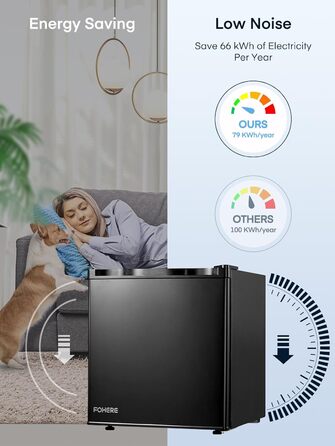 Міні-холодильник 46л з відділенням для льоду, чорного кольору. Енергоефективний, з регулюванням температури та змінним напрямком відкривання дверцят. Ідеально підходить для кухні, офісу, спальні, готелів та невеликих квартир.