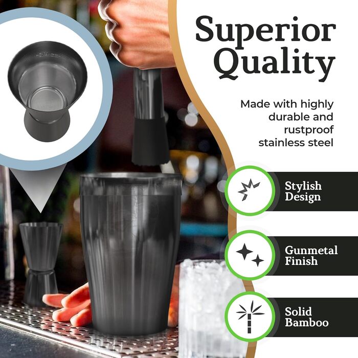 Набір шейкерів для коктейлів Highball & Chaser: професійний барний набір для приготування коктейлів + електронна книга з 30 рецептами (Gunmetal)