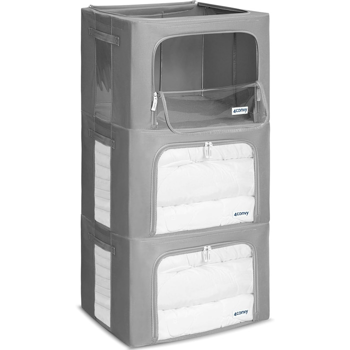 Sturdy Foldable Clothes Storage Box with Zipper, Metal Frame - [2024 IMPROVED MATERIAL] Duvet Storage Bag - Stable Storage Box for Clothes - (Dark Gray, 3x66L)