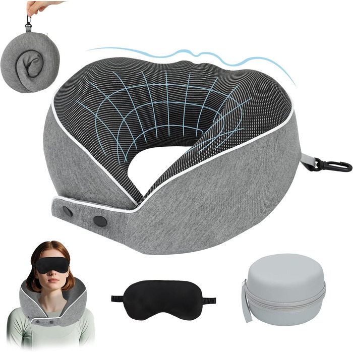 Подушка для шиї Comfy - для подорожей (літак, авто, поїзд) з регулюванням, Memory Foam, 3D-маска, сірий