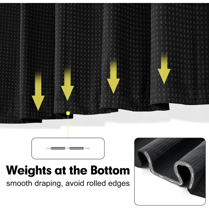 Шторка для душу Waffel 183x198 см - текстильна, поліестер, з магнітною стрічкою та 12 кільцями, непрозора та водонепроникна для ванної кімнати (Чорний, 183x198 см)