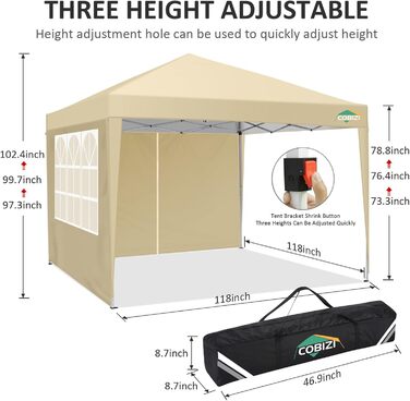 COBIZI Gazebo 3x3 Waterproof, Stable, Winter-Proof Foldable Gazebo 3x3 with 4 Side Walls Outdoor Pop-up Gazebo Folding 3x3m UV Protection 50+ Garden Tent Party Tent Folding Party Tent incl. Bag (Khaki)