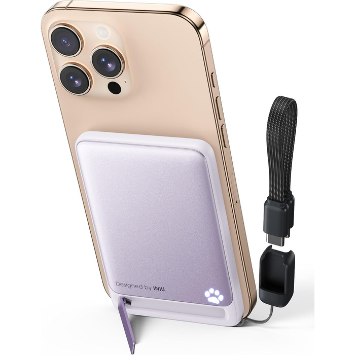 Power Bank INIU Magsafe 20W, 5000mAh, Qi2, з кабелем USB-C та підставкою, сумісний з iPhone 16/15/14/13/12 (Світло-фіолетовий)