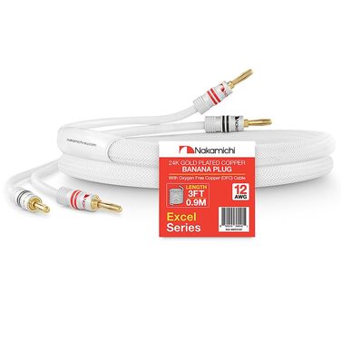 Bananкові роз'єми Nakamichi 24K позолочені, кабель для колонок 12AWG 0.9м OFC, плетений, для домашнього кінотеатру - білі