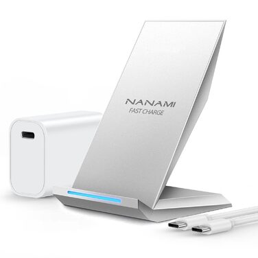 Бездротовий зарядний пристрій NANAMI для iPhone 17/16/15/14/13/12 Pro Max, Samsung Galaxy S26/S25/S24/S23 з USB-C адаптером 20W PD (срібний)