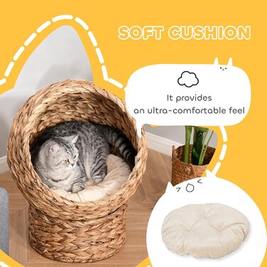 PawHut Rattan Cat Basket Cat Cave Cat House Cat Bed with Cushion Pet Bed Water Hyacinth Brown 50 x 42 x 60 cm