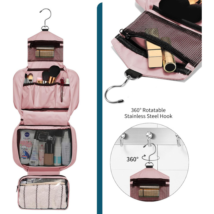 Розкладний органайзер для туалетних аксесуарів у подорожах для чоловіків та жінок, велика місткість, 4 відділення, рожевий колір