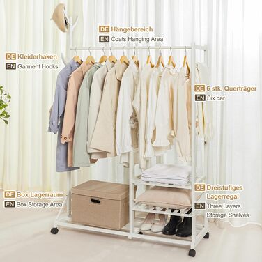 Yorbay Bamboo Clothes Rack with Wheels, Clothes Rail, 3 Shelves and 6 Hooks, Tree Shape, 100 x 38 x 176 cm (White)