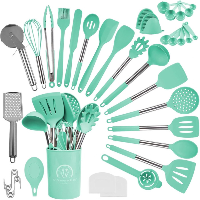 Набір кухонних помічників 45 предметів: силіконове кухонне приладдя, тримач, вінчик з нержавіючої сталі, половник, лопатка, придатне для миття в посудомийній машині, колір блакитний