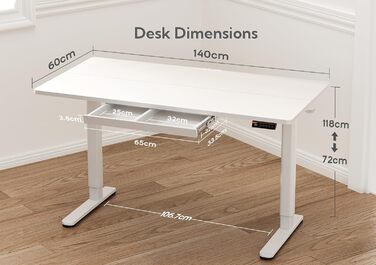 Електричний регульований стіл Claiks 120x60 см з ящиком, 80 кг, пам'ять, 2 гачки для навушників, білий