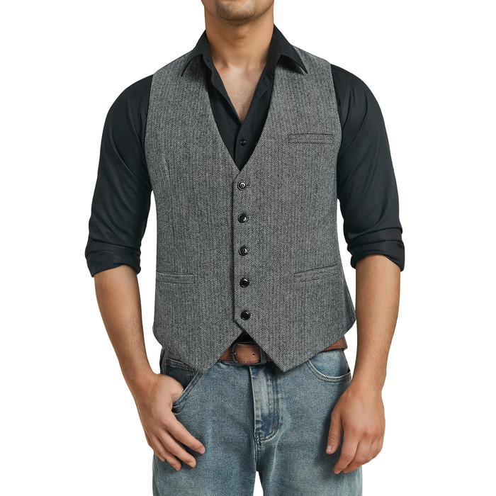 HISDERN Жилет чоловічий в клітинку Herringbone, весільний, формальний, твідовий, вовняний, класичний, базовий, сірий