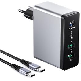 Зарядний пристрій USB-C 50W, 5 портів: 2 USB-C та 3 USB-A, PD 3.0, Fast Charge для iPhone, Samsung, телефонів, планшетів (Срібний)