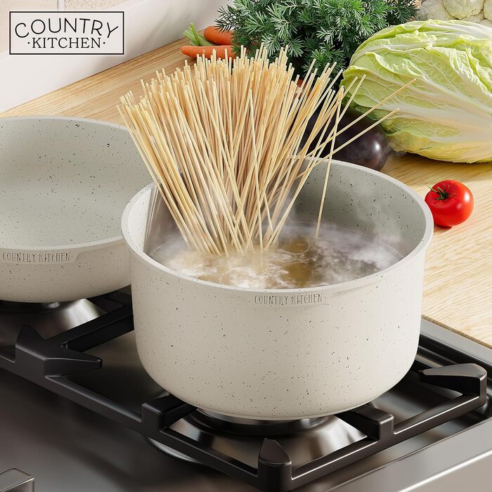 Набір посуду Country Kitchen 13 предметів: каструлі та сковороди з антипригарним покриттям, знімний ручка, для кухні, кемпінгу, духовки (кремовий)