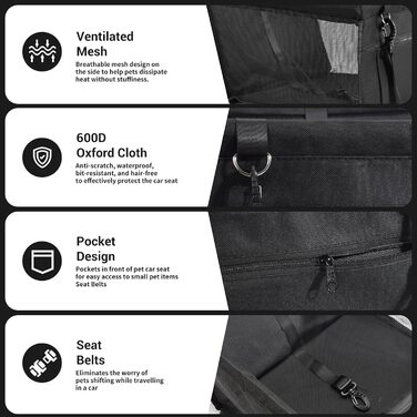 Автомобільний лежак для собак на заднє сидіння, чорний, з дихаючого матеріалу Oxford, миючий, для маленьких та середніх собак