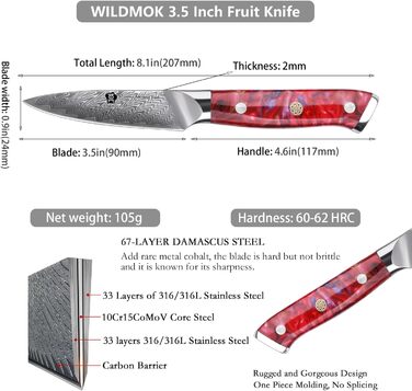 Ніж кухонний WILDMOK 8см, японська сталь VG10, 67 шарів дамаської сталі, для нарізання та очищення фруктів, ручка з червоного червоного акрилу, подарункова коробка