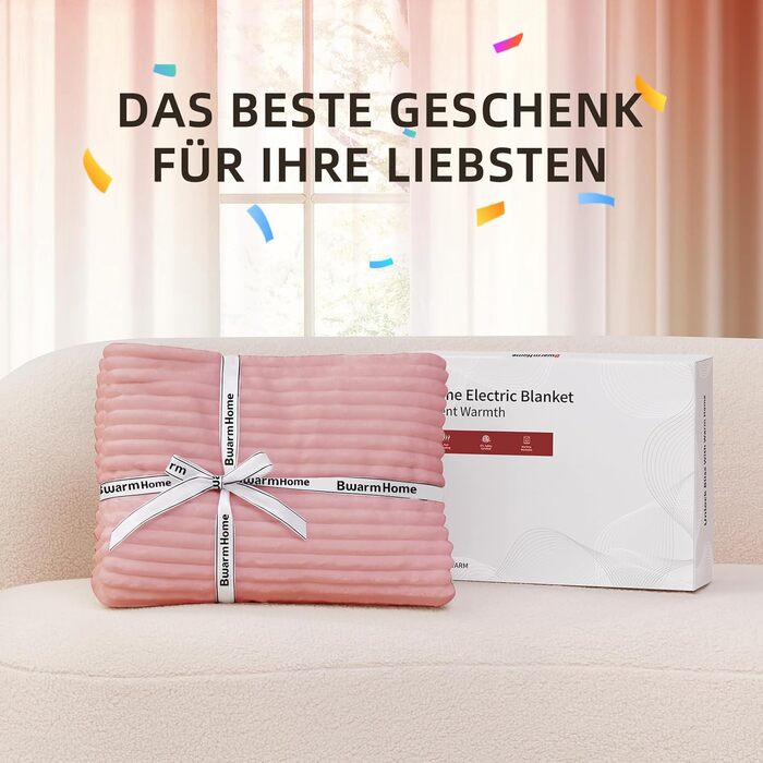 Електрична ковдра з підігрівом 130x180 см з таймером та захистом від перегріву, 9 рівнів нагріву, функція пам'яті, для ліжка, офісу (Рожеста смугаста)