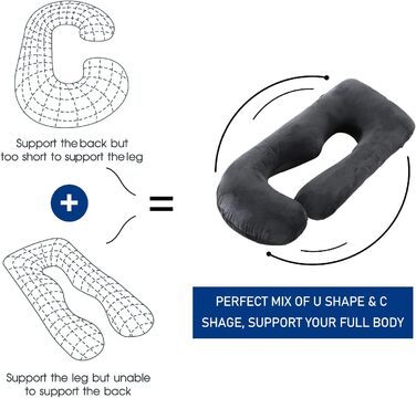 Подушка для вагітних Cauzyart U-подібна, повного тіла, для підтримки спини, стегон, ніг та живота. Знімна, пральна наволочка, чорна.