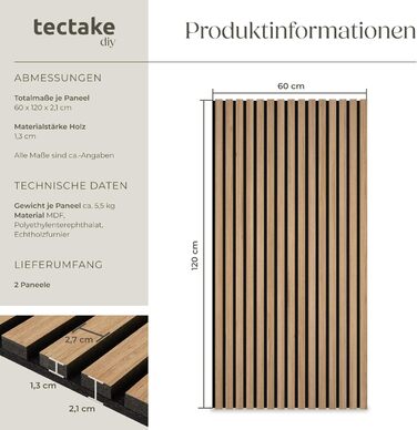 Акустичні панелі tectake® з імітацією дерева, світлий дуб, 2 шт. - для дому, декору стін, звукоізоляції
