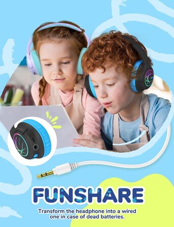 iClever Бездротові навушники для дітей з LED-підсвіткою, обмеження гучності 74/85дБ, 43 години роботи, стерео звук, Type-C, AUX-кабель, Bluetooth 5.3, для планшетів/подорожей (Чорний та фіолетовий)