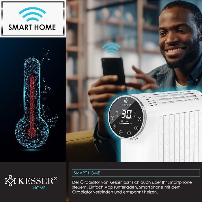KESSER® Oil Radiator 2500W Electric Heater Radiator Electric Heating System Energy-Saving with Display WiFi App & Remote Control Touchscreen - Mobile Oil Radiator 24h Timer, Thermostat & Overheat Protection White