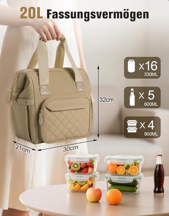 Термосумка 20 л, водонепроникна ізольована сумка/ланч-сумка з великим отвором, виготовлена з витокостійкого матеріалу PEVA, з кількома відділеннями та плечовим ременем – для роботи, школи, автомобіля, пікніка (Хакі)