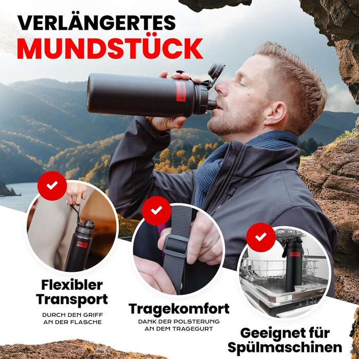 Stainless Steel Water Bottle with FREE Carrying Bag - 700ml - BPA-Free, Leakproof and Dishwasher Safe Thermo Insulated Bottle - Double-Walled Thermos Flask, Sports, Outdoor (Black Edition)