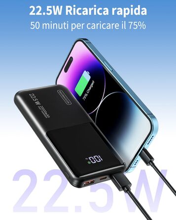 Портативний зарядний акумулятор Power Bank 20000mAh з швидкою зарядкою 22.5W, LCD дисплеєм, 1 USB-C, 2 USB-A, для iPhone 17/16/15/14/13 та смартфонів, чорний