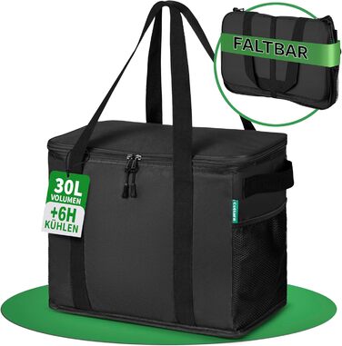 Large Cooler Bag 2-Piece Set Made from Recycled Material – Foldable Large Cooler Bags with Reinforced Bottom – Extra Stable, Ideal as Shopping Bag, Insulated Bag, Thermal Bag Cooler Box 30l (Black, sold individually)