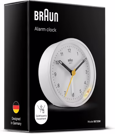 Braun Classic Analog Alarm Clock with Snooze Function and Light, Silent Quartz Movement, Crescendo Alarm in White, Model BC12W.